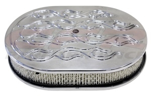 CHEVY/FORD/MOPAR 12" OVAL POLISHED ALUMINUM AIR CLEANER - RAISED FLAME