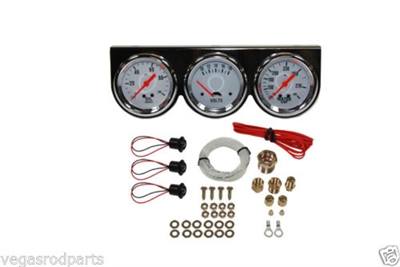 Chrome Steel Triple Gauge Kit Mechanical Oil Pressure Voltage Water Temperature