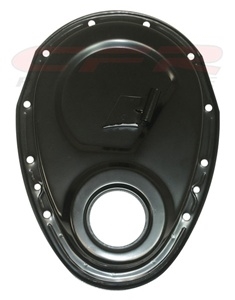 STEEL 1955-95 CHEVY SB 283-305-327-350-400 TIMING CHAIN COVER W/ TAB - BLACK