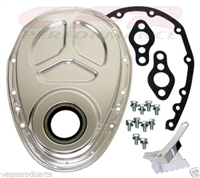 CHEVY SMALL BLOCK 283-305-327-350-400 ALUMINUM TIMING CHAIN COVER SILVER ROLLER CAM