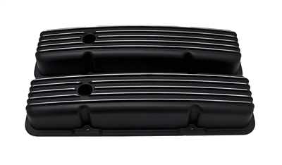 1958-86 CHEVY SB 283-400 SHORT  ALUMINUM VALVE COVERS - FINNED POLISHED BLACK