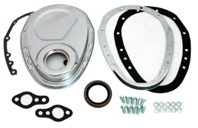 Small block chevy chevrolet timing chain cover 2 two piece chrome 283 350 400