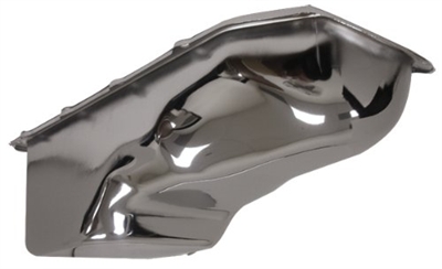 Pontiac chrome steel oil pan fits 1959-1981 Pontiac 265-301-326-350-389-400-421-428-455 V8 engines. Stock capacity with rear sump.