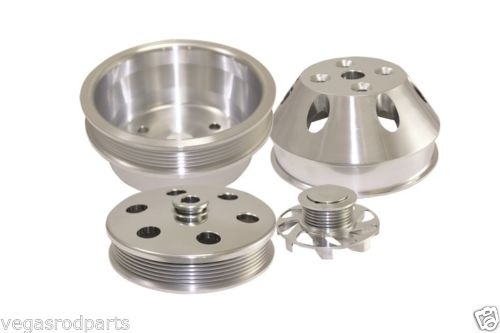 MACHINED CHEVY SMALL BLOCK BILLET LONG WATER PUMP SERPENTINE PULLEY SET 